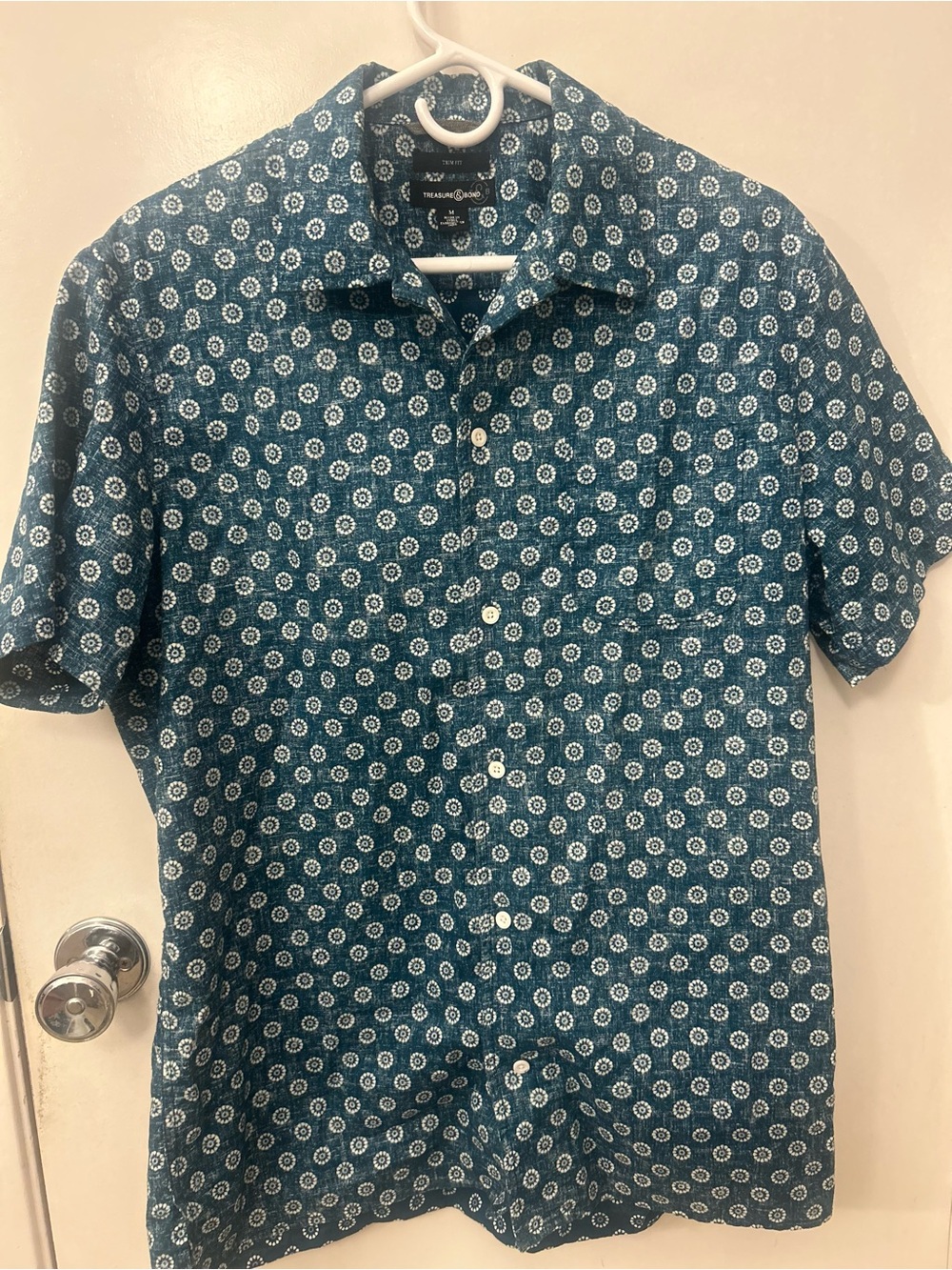 Treasure & Bond Blue Printed Trim-Fit Button-Up